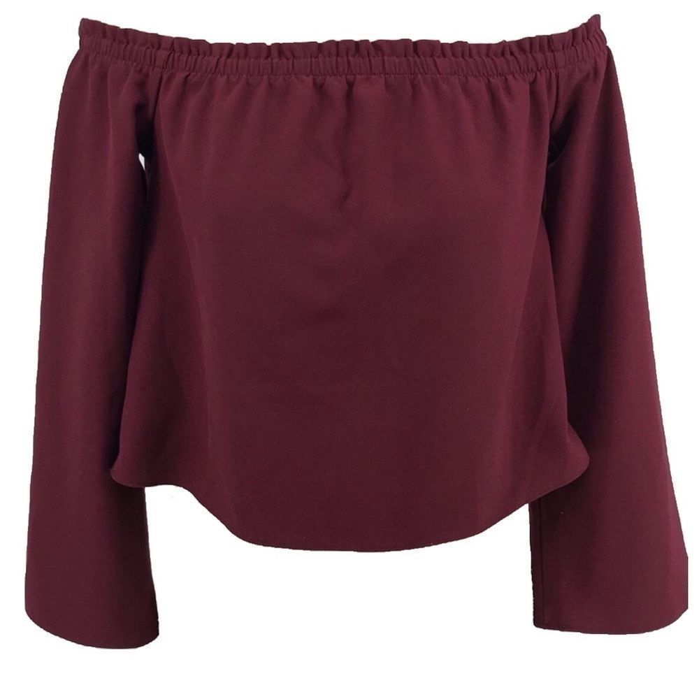 Love, Fire Off-the-Shoulder Crop Top | Burgundy Long Sleeve | Size XS